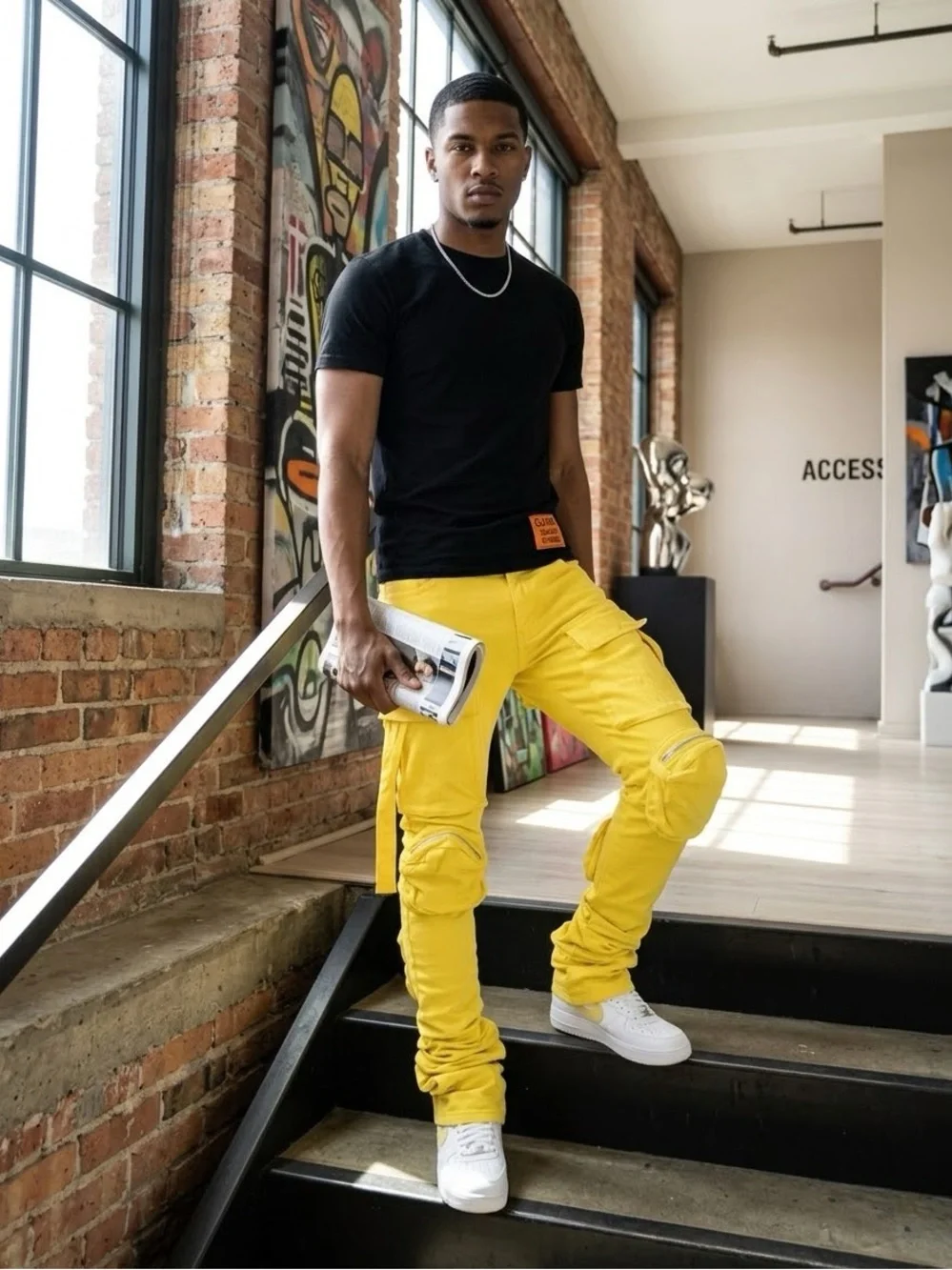 Cliche Jeanius Studios Yellow Cargo Pants Mens 30 Lil Durk Stacked Denim Jeans